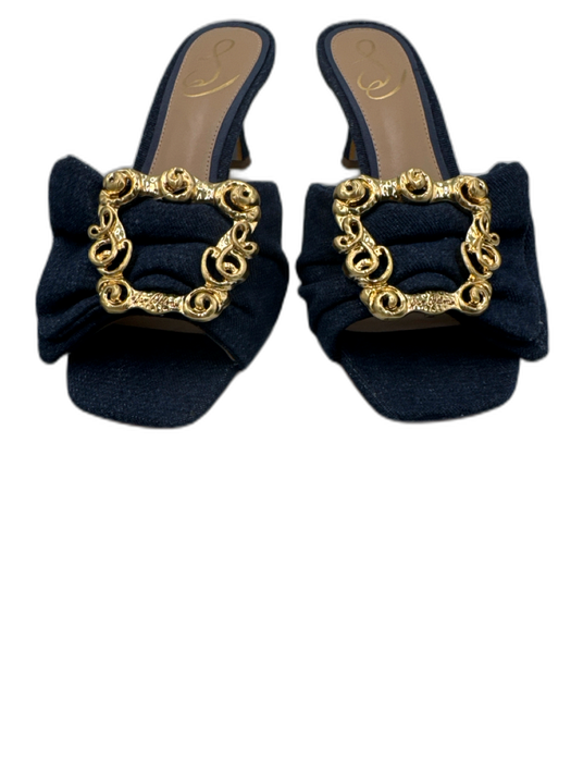 Sam Edelman Shoe Size 8 Med Wash Cotton Denim Gold Buckle Square Toe Sandals Med Wash / 8