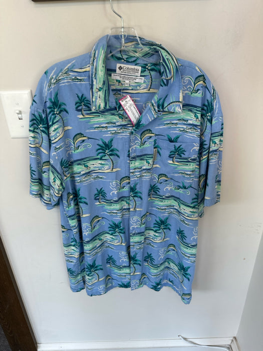 Columbia Vintage Size M Blue & Green Rayon Blend Palm Tree Button Down Shirt