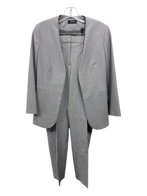 Theory Size 2 Light Gray Wool Blend Heathered Open Front Welt Pocket Pant Set Light Gray / 2