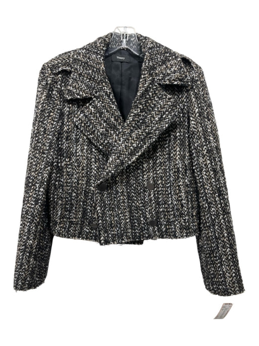 Theory Size 4 Black & Beige Wool Blend Herringbone Double Breast Blazer Jacket Black & Beige / 4