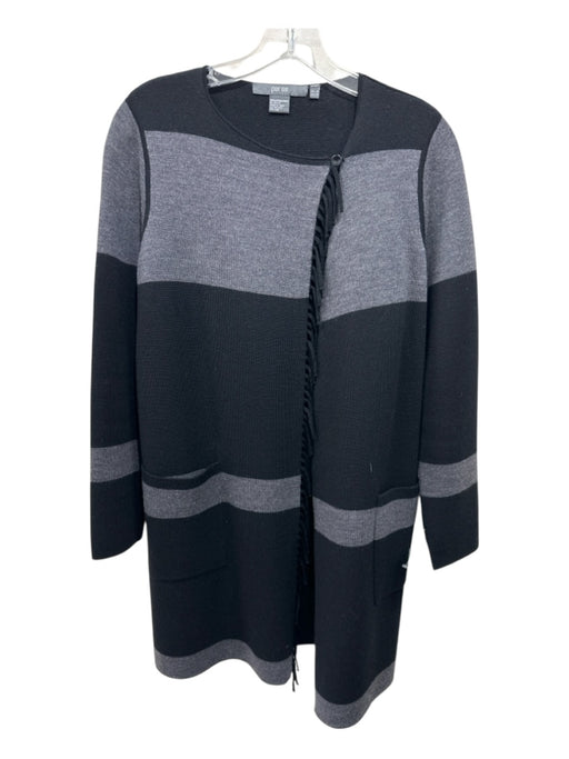 Per Se Size S Black & Gray Merino Wool Rib Knit Striped Fringe Detail Cardigan Black & Gray / S