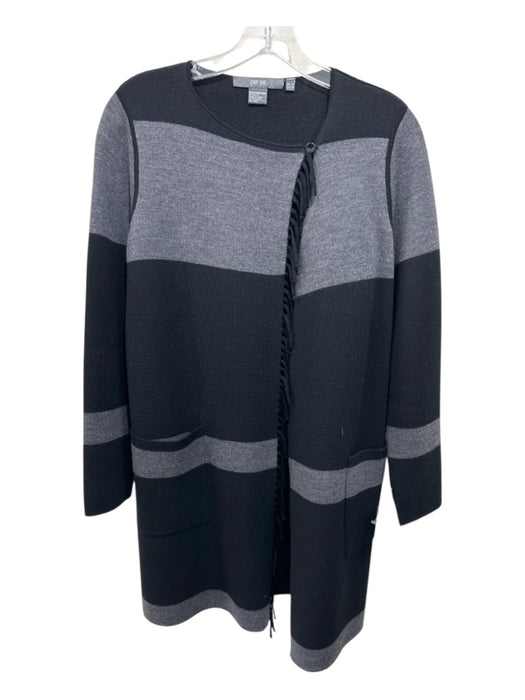 Per Se Size S Black & Gray Merino Wool Rib Knit Striped Fringe Detail Cardigan Black & Gray / S