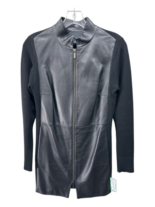 Carlisle Size 4 Black Leather & Wool Paneled Rib Knit Zip Up 3/4 Length Jacket Black / 4