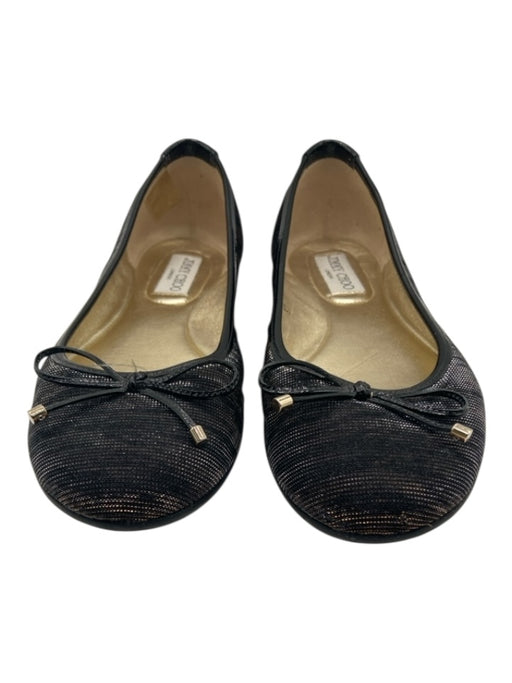 Jimmy Choo Shoe Size 37 Black & Gold Patent Leather Fabric Tiger Trim Flats Black & Gold / 37