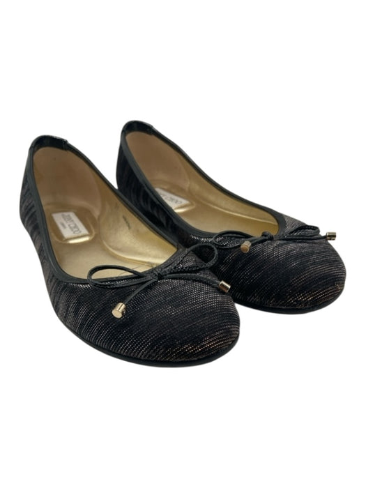 Jimmy Choo Shoe Size 37 Black & Gold Patent Leather Fabric Tiger Trim Flats Black & Gold / 37