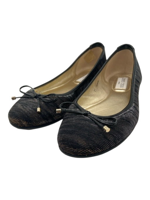 Jimmy Choo Shoe Size 37 Black & Gold Patent Leather Fabric Tiger Trim Flats Black & Gold / 37
