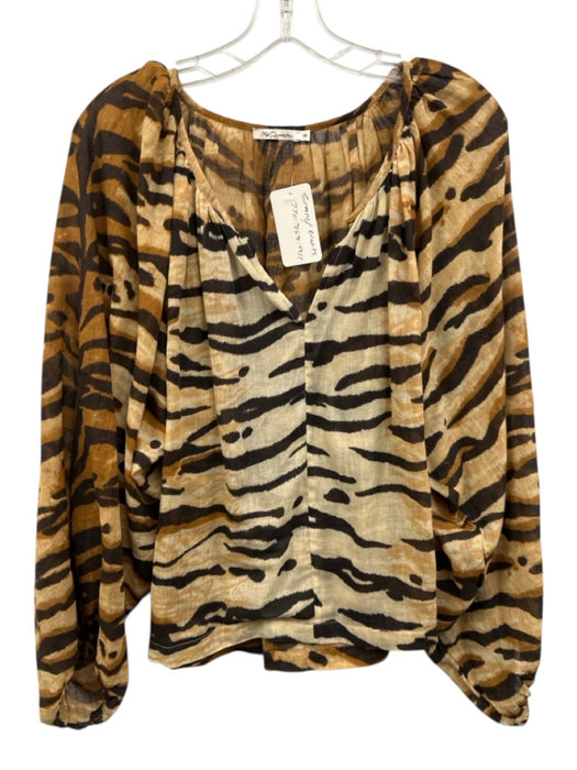 Mes Demoiselles Size 36 Orange & Multi Cotton Split V Neck Tiger Print Sheer Top Orange & Multi / 36
