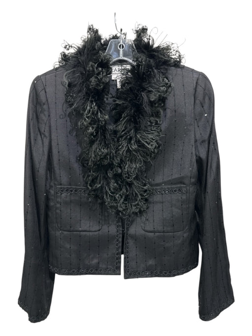 Carlisle Size 4 Black Cotton Blend Feather Collar Sequin Detail Blazer Pant Set Black / 4