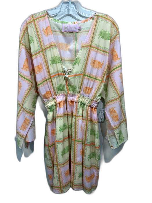 Liliana Meza Size XS Pink, Orange, Green Polyester Satin Crab Long Sleeve Dress Pink, Orange, Green / XS