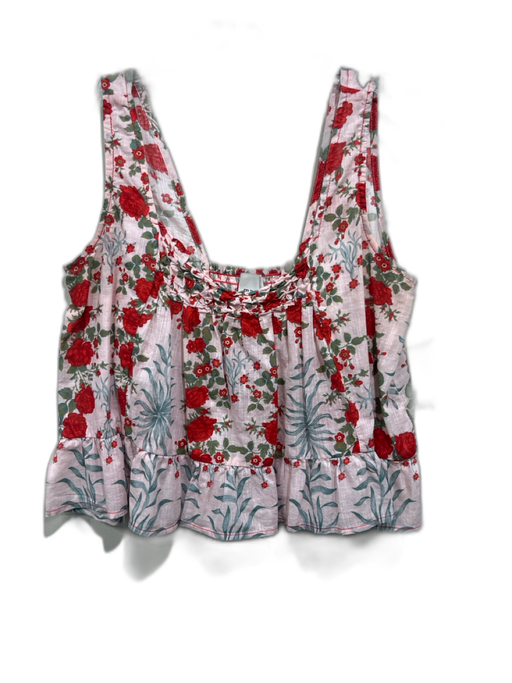 Maeve Size S Pink, Red, Green Cotton Sleeveless Floral Print Ruffle Hem Crop Top Pink, Red, Green / S
