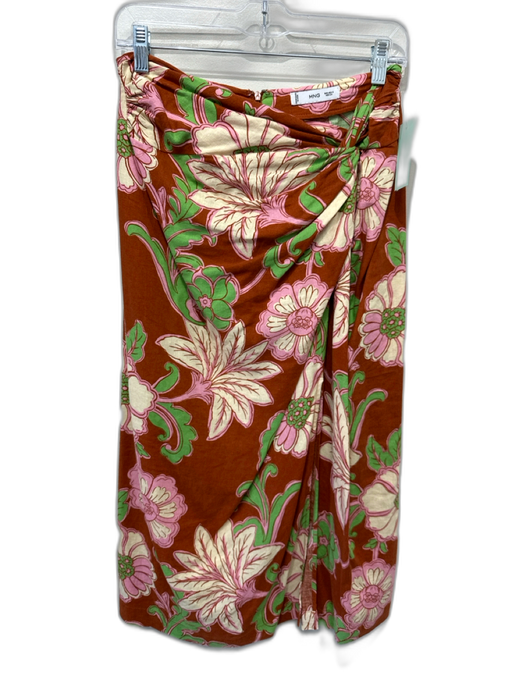 MNG Size S Brown, Pink, Green Linen & Viscose Knot Detail Floral Print Skirt Brown, Pink, Green / S