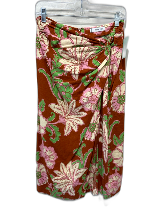 MNG Size S Brown, Pink, Green Linen & Viscose Knot Detail Floral Print Skirt Brown, Pink, Green / S