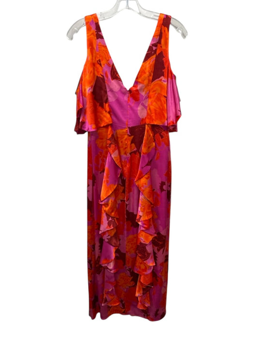 flor et.al Size 6 Pink & Orange Silk Cold Shoulder Floral Print V Neck Gown Pink & Orange / 6