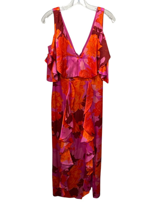 flor et.al Size 6 Pink & Orange Silk Cold Shoulder Floral Print V Neck Gown Pink & Orange / 6