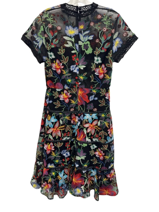 Vone Size 6 Black & Multi Polyester Short Sleeve Floral Embroidery Tiered Dress Black & Multi / 6