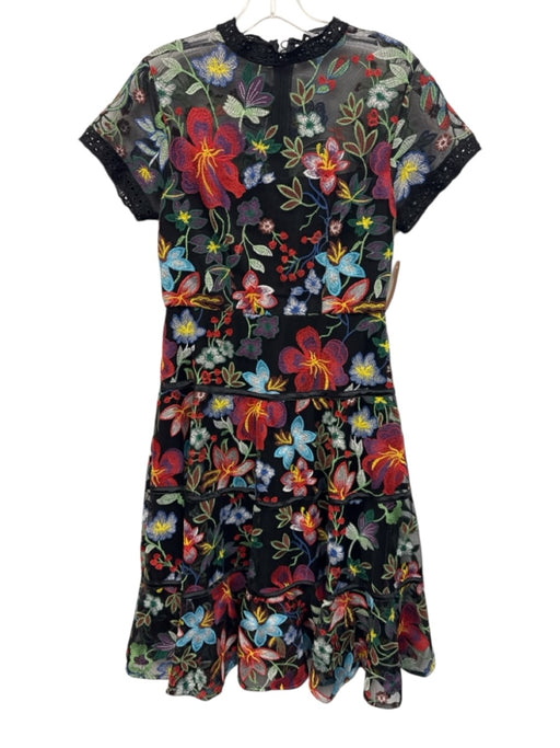 Vone Size 6 Black & Multi Polyester Short Sleeve Floral Embroidery Tiered Dress Black & Multi / 6