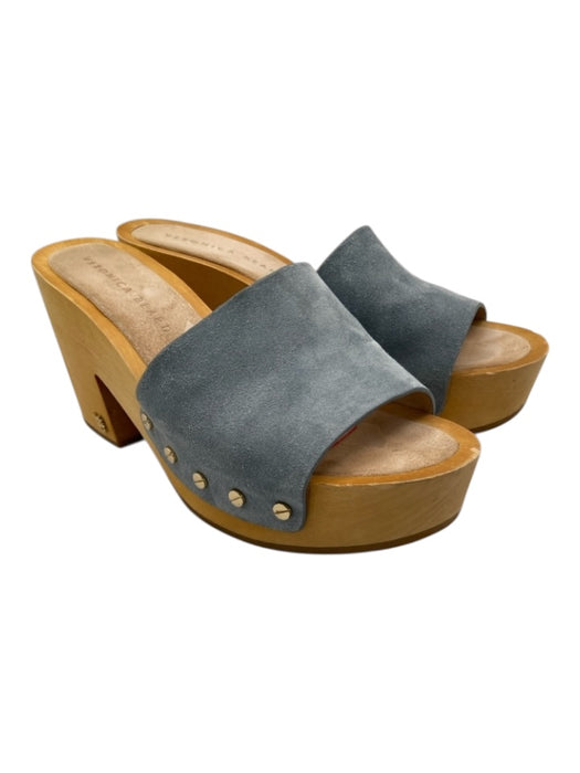 Veronica Beard Shoe Size 7.5 Tan & blue Suede Upper Wood Sole Clog Sandals Tan & blue / 7.5