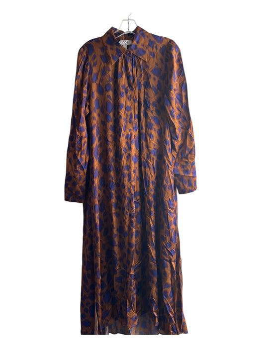 COS Size 10 Brown & Blue Viscose Collared Half Button Long Sleeve Dress Brown & Blue / 10