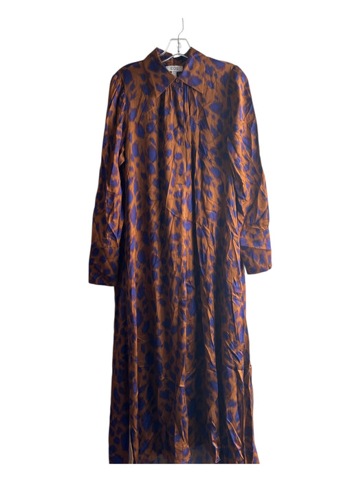 COS Size 10 Brown & Blue Viscose Collared Half Button Long Sleeve Dress Brown & Blue / 10