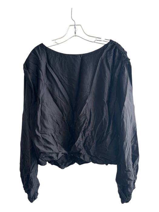 By Anthropologie Size L Black Viscose Satin Boat Neck Long Sleeve Bubble Hem Top Black / L
