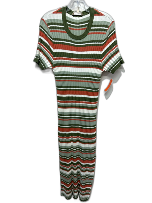 Sezane Size XL Green, Orange & White Rib Knit Striped Short Sleeve Stretch Dress Green, Orange & White / XL