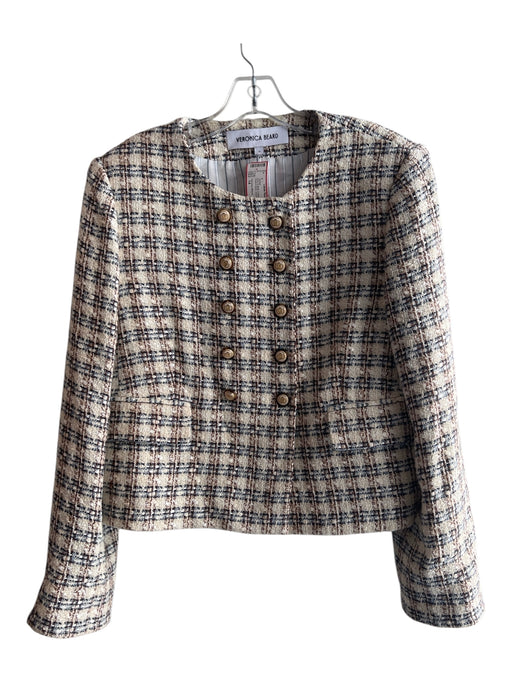 Veronica Beard Size 14 Ivory & Multi Cotton Blend Tweed Round Neck plaid Jacket Ivory & Multi / 14
