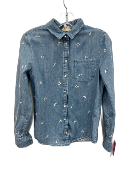 Sezane Size S / 34 Blue & White Cotton Denim Embroidered Flowers Long Sleeve Top Blue & White / S / 34