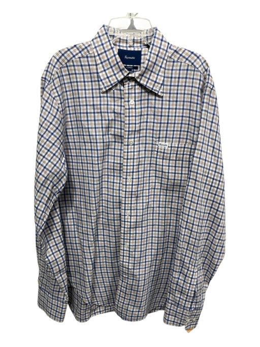 Facconable Size M White & Blue Linen Blend Plaid Button up Long Sleeve Shirt White & Blue / M