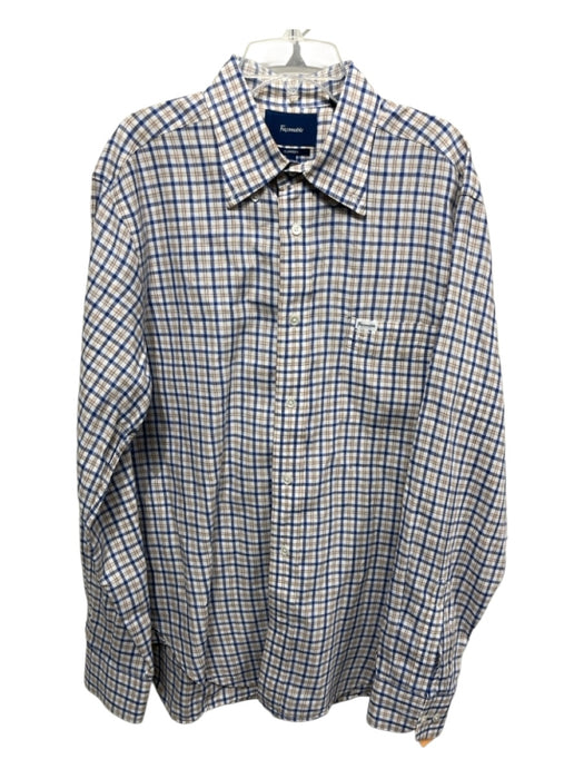 Facconable Size M White & Blue Linen Blend Plaid Button up Long Sleeve Shirt White & Blue / M
