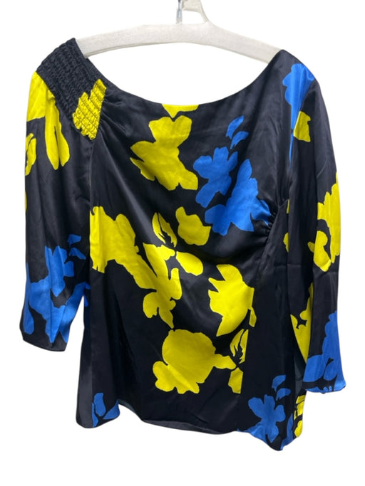 Tanya Taylor Size M Navy Blue & Yellow Silk Floral 3/4 Sleeve Wide Neck Top Navy Blue & Yellow / M