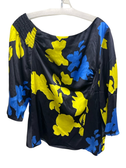 Tanya Taylor Size M Navy Blue & Yellow Silk Floral 3/4 Sleeve Wide Neck Top Navy Blue & Yellow / M