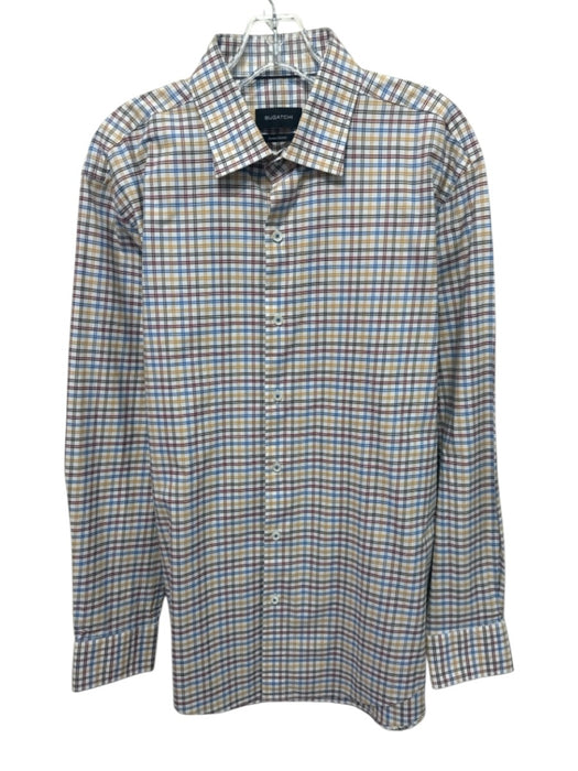 Bugatchi Size 16.5 White & Multi Cotton Blend Grid Button up Long Sleeve Shirt White & Multi / 16.5