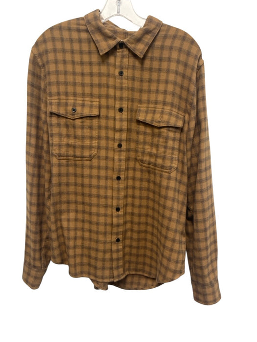 7 For All Mankind Size M Tan & Black Cotton Blend Plaid Men's Long Sleeve Shirt Tan & Black / M