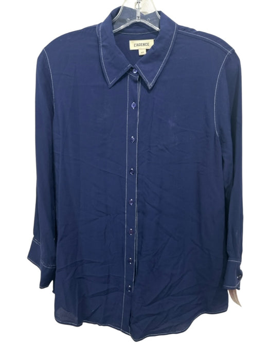L'agence Size S Navy Viscose Button Front Long Sleeve Collared Top Navy / S