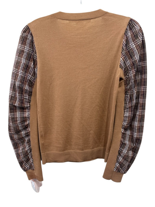 Veronica Beard Size S Brown Merino Wool Plaid Detail Crew Neck Top Brown / S