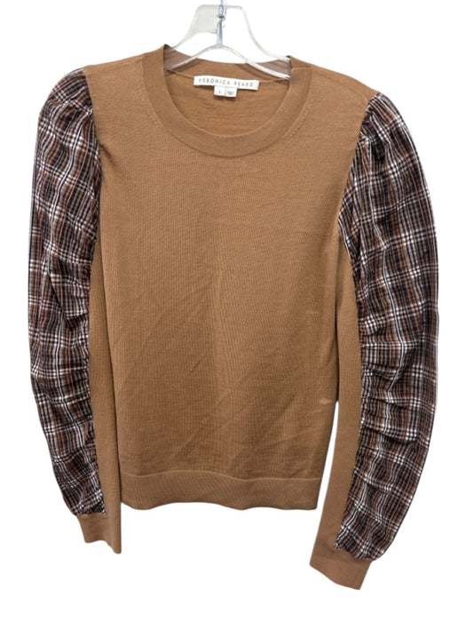 Veronica Beard Size S Brown Merino Wool Plaid Detail Crew Neck Top Brown / S