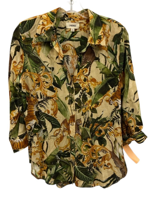 L'agence Size M Yellow, Green & Multi Viscose Button Front Printed Top Yellow, Green & Multi / M
