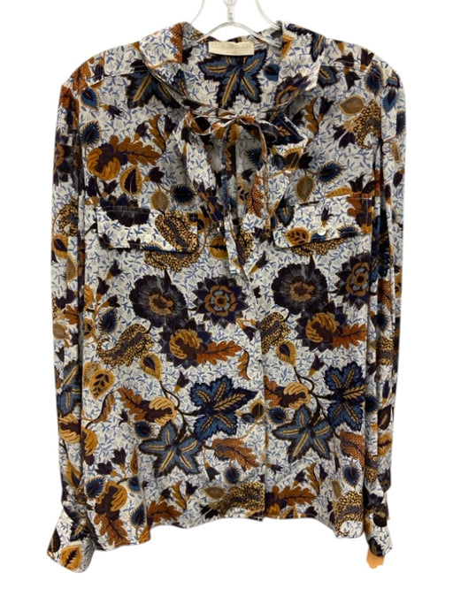 Ulla Johnson Size 6 Blue, Orange & Multi Silk Printed Tie Neck Button Front Top Blue, Orange & Multi / 6