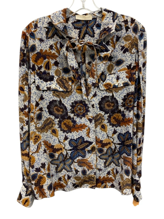 Ulla Johnson Size 6 Blue, Orange & Multi Silk Printed Tie Neck Button Front Top Blue, Orange & Multi / 6