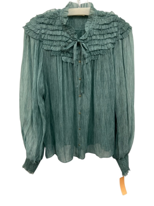 Ulla Johnson Size 6 Teal Silk Sheer Button Front Ruffles Long Sleeve Top Teal / 6