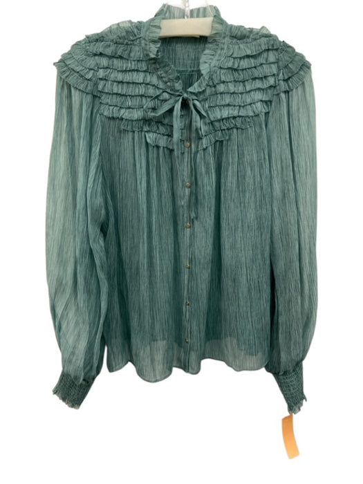 Ulla Johnson Size 6 Teal Silk Sheer Button Front Ruffles Long Sleeve Top Teal / 6