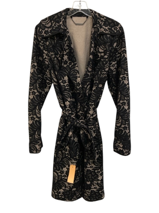 Trina Turk Size 6 Black & Tan Rayon Blend Lace Tie belt 2 Button Coat Black & Tan / 6