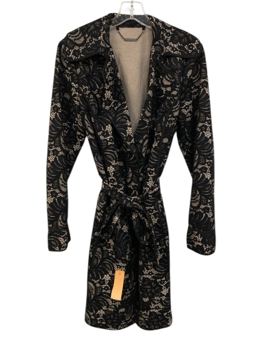 Trina Turk Size 6 Black & Tan Rayon Blend Lace Tie belt 2 Button Coat Black & Tan / 6
