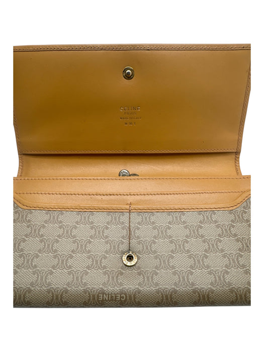 Celine Beige & Brown Coated Canvas Leather Detail Logo Kiss Lock Bifold Wallets Beige & Brown