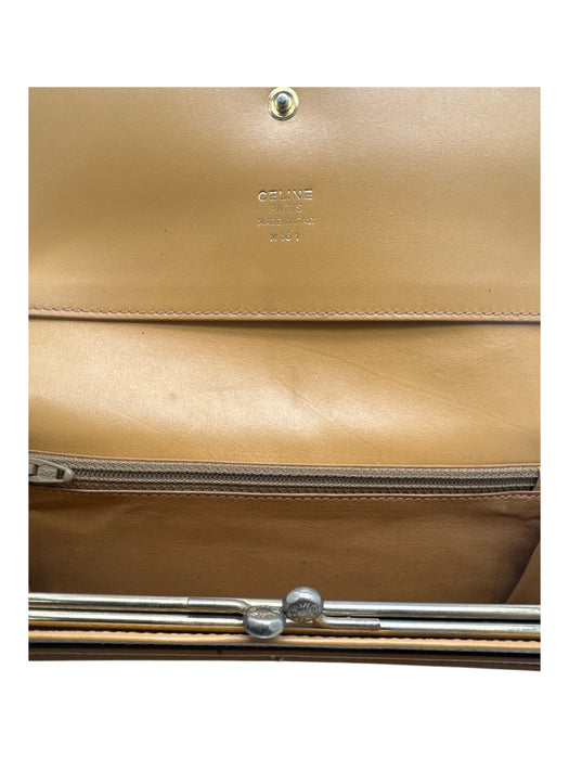 Celine Beige & Brown Coated Canvas Leather Detail Logo Kiss Lock Bifold Wallets Beige & Brown