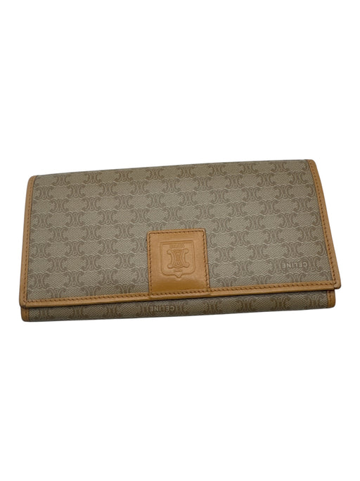 Celine Beige & Brown Coated Canvas Leather Detail Logo Kiss Lock Bifold Wallets Beige & Brown