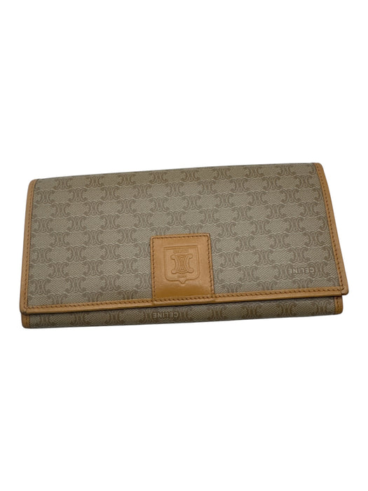 Celine Beige & Brown Coated Canvas Leather Detail Logo Kiss Lock Bifold Wallets Beige & Brown