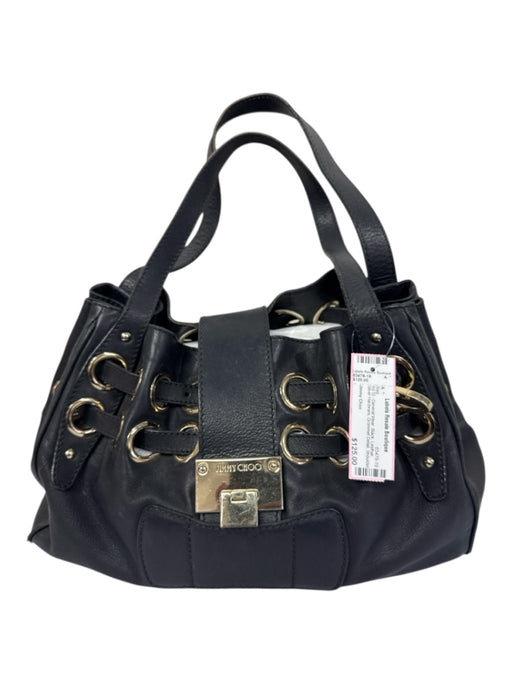 Jimmy Choo Black Leather Silver Hardware Grommet Detail Shoulder Strap Hobo Bag Black