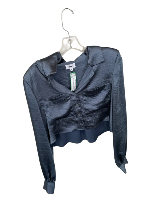 LPA Size S Slate Blue Polyester Blend Long Sleeve Shoulder Pads Buttons Top Slate Blue / S