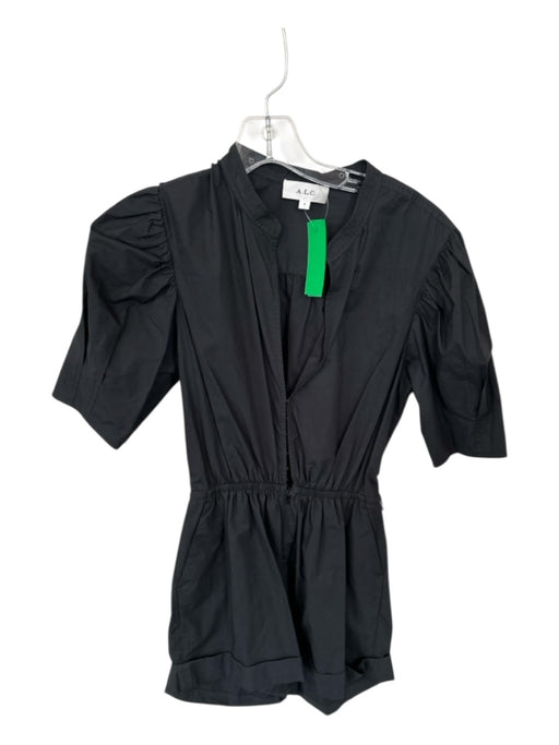 A.L.C. Size 0 Black Cotton Short Balloon Sleeve Hook & Eye Cuffed Romper Black / 0